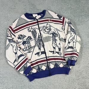 Vintage GOLF Blanket Retro AOP Full Zip Bomber Jacket Sweater Knit Funky Mens L